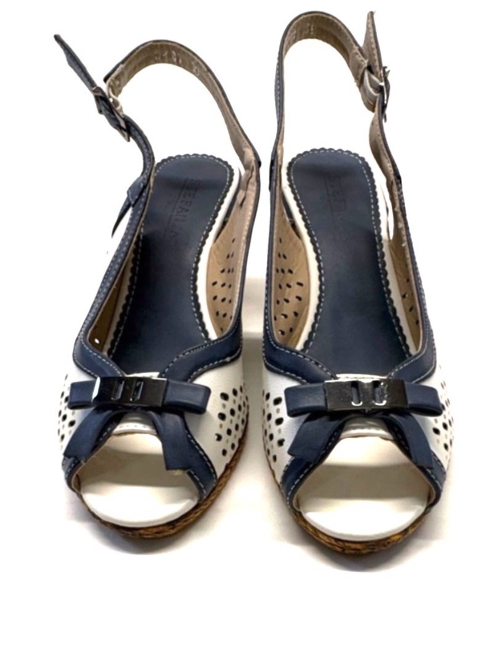 Women’s Navy& White Open-Toe Slingback Sandals with Bow Accent Made in Italy 8.5